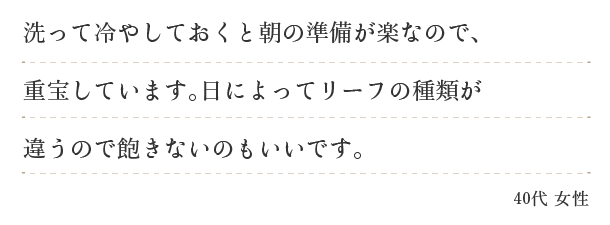 洗って冷やしておくと朝の準備が楽なので、重宝しています。日によってリーフの種類が違うので飽きないのもいいです。（５０代　女性）