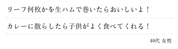 リーフ何枚かを生ハムで巻いたらおいしいよ！カレーに散らしたら子供がよく食べてくれる！（４０代　女性）
